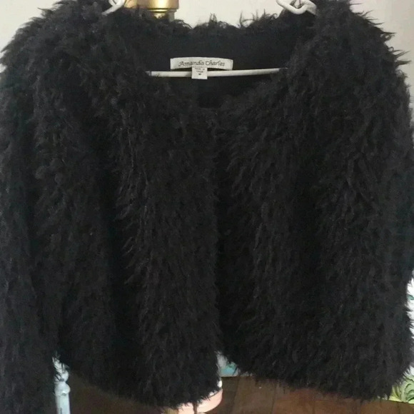 Amanda Charles fuzzy furry black medium jacket with pockets B2 - Picture 3 of 6